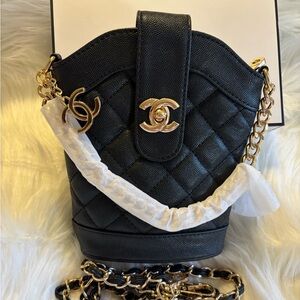 Chanel Beauty Novelty Quilted Mini Bucket Bag with Gold Accents & Chain